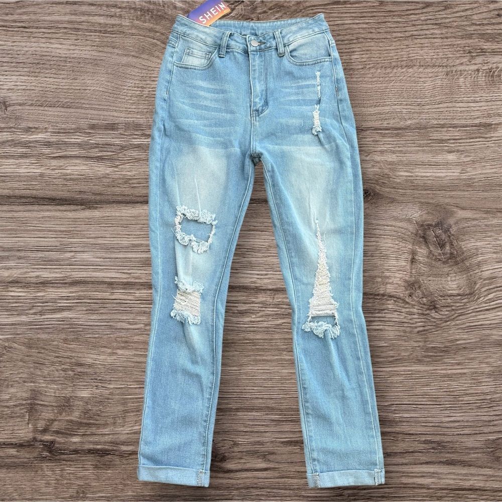 SHEIN High Rise Blue Distressed Jeans Sewn Cuffs